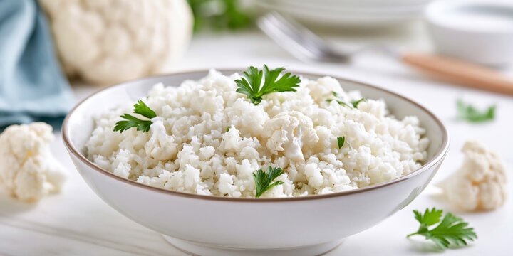 Cauliflower rice serving in a bowl, garnished with fresh parsley, promoting a healthy low carb diet