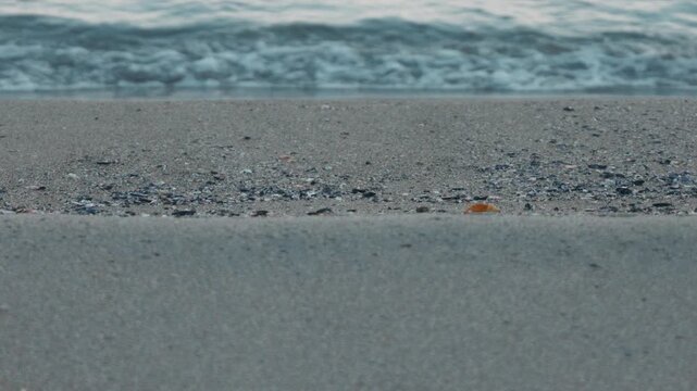 Wide Light Gray Sandy Beach with Waves Rolling Ashore in the Background