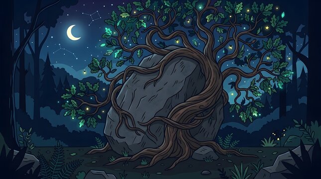 Magical tree hugging large boulder at night with fireflies and crescent moon