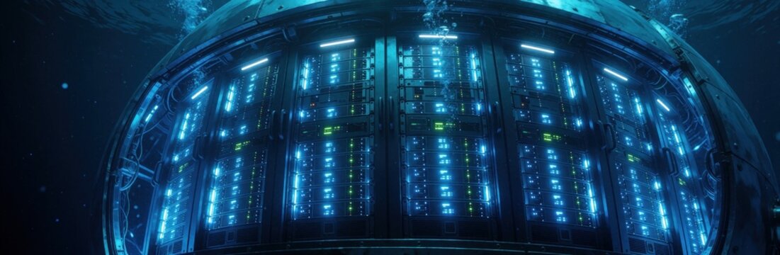 Futuristic underwater data center pod with glowing blue server racks. High tech computing infrastructure sits deep in ocean water. Digital cloud storage, artificial intelligence hardware work inside