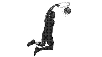 Basketball Slam Dunk Dunk Player Athlete Halftone Pixelated Dithered Stipple Hoop Game Jump Sports Silhouette Ball Match Action Dynamic Print Vector Illustration © Neostocker