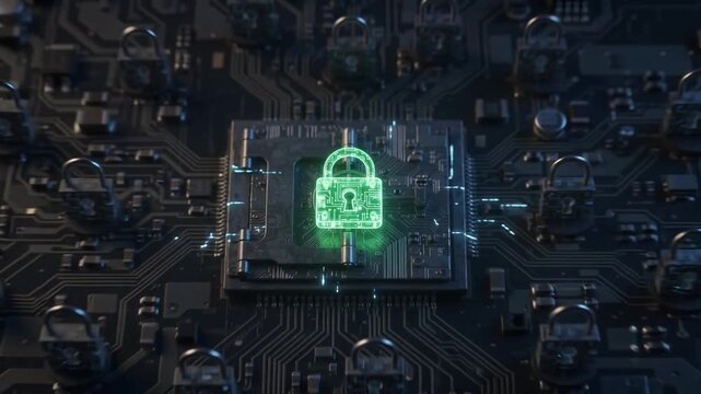 Digital padlock glowing on a quantum security chip, symbolizing advanced cybersecurity and data protection for sensitive information and secure element areas.