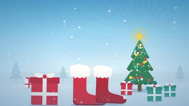 Animated Christmas scene with decorated tree, red stockings, and gift boxes on blue background