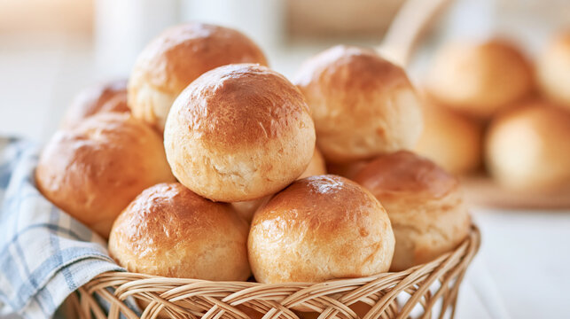 Freshly baked brioche buns filling a woven basket, capturing comfort and homemade food concepts