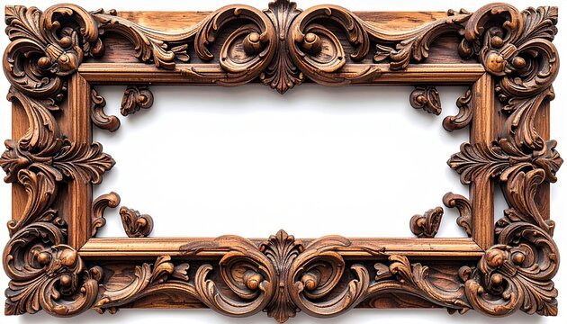 Vintage carved wooden frame featuring decorative scrollwork isolated on white