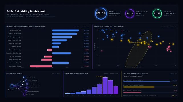Explore the AI Explainability Dashboard showcasing decision factors, confidence scores, and feature contributions in a visually dynamic and sophisticated 4K composition.