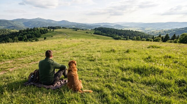 長い散歩のあとに広い芝生に腰を下ろし愛犬と風を感じて休憩する飼い主の後ろ姿と開けた景色の余白