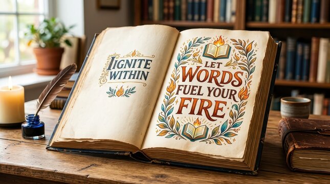 Open antique book with inspirational quotes and illustrations on a wooden desk, cozy library setting