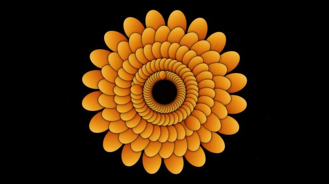 Golden phyllotaxis mandala 3D render with spiral geometric pattern on black background for motion graphics fractal mathematical symmetrical radial abstract ornament graphic sacred geometry sunflower