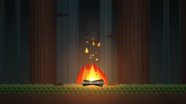 Campfire Burning in Dark Forest at Night, Cozy Outdoor Camping and Adventure Concept