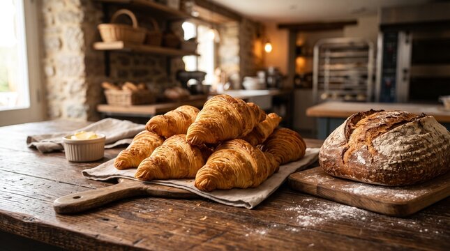 Freshly baked croissants and artisan bread at a bakery