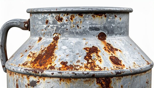 Old farm milk churn with weathered zinc surface isolated on white