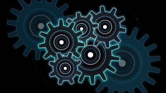 Mechanical gears motion graphic with interlocking telemetry rings and dynamic sparks for industrial technology background animation engineering rotating precision machinery automation system technical