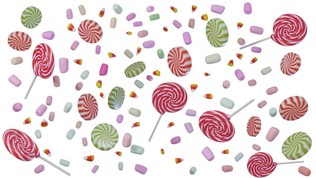 Colorful Halloween candies and lollipops full frame pattern on transparent background with alpha channel overlay horizontal orientation for sweet food celebration and holiday party banner design