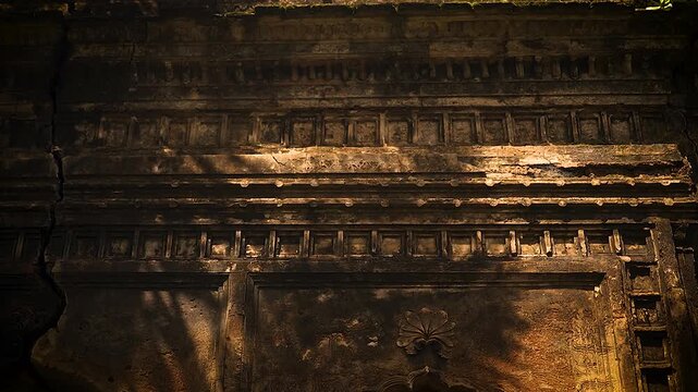 A close-up view of a dilapidated brick arch covered with moss and grime. Soft shadows and the effects of time and natural weathering have left the brickwork visibly aged, worn, and eroded. 4k video