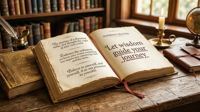 Open antique book with inspiring quotes on a wooden desk, surrounded by other books and a globe