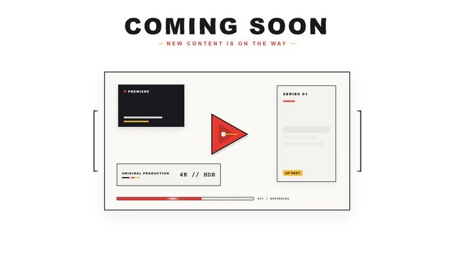 Coming soon video, content announcement and channel trailer on white background for social media, marketing and web development. Media platform, streaming player and teaser with minimal interface