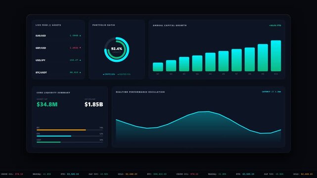 Financial data dashboard, analytics and stock market interface for business growth, investment and trading. Digital screen, statistics and graphs with management, reporting and information tech