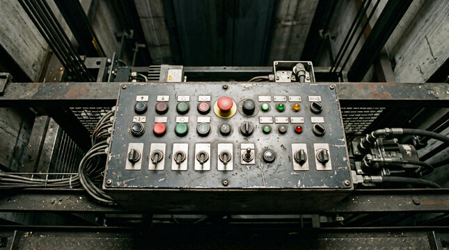Industrial elevator control panel with weathered metal surface, numerous push buttons, toggle switches, and indicator lights, mounted on machinery inside a deep elevator shaft viewed from above.