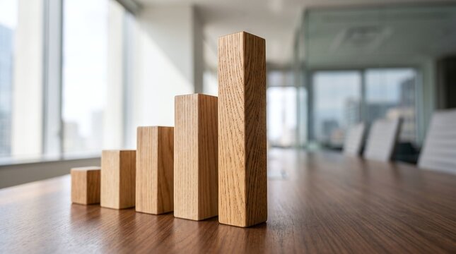 Wooden block chart standing in ascending order on a conference table in an office