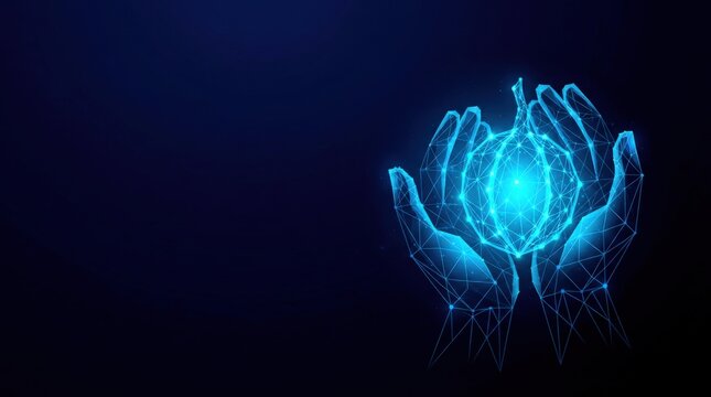 Futuristic glowing blue wireframe hands holding a digital plexus hologram sphere, representing advanced artificial intelligence and cyber technology on a dark gradient background