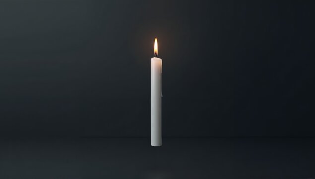 Surreal minimalist photo of a levitating slender white taper candle with a warm flame. Dark charcoal grey background, volumetric light rays, 8k. Ideal for elegant wellness editorial design.