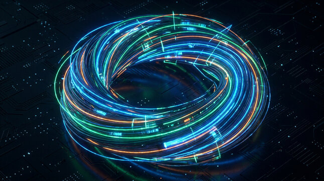 Fiber optic glowing cables forming a luminous circular vortex over a dark electronic circuit board