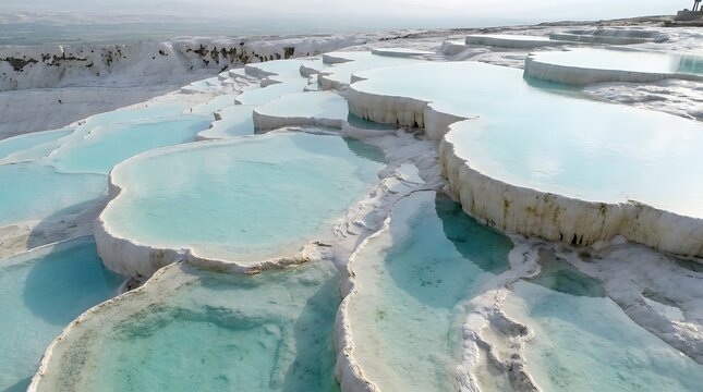 Turquoise Geothermal Mineral Pools with Natural Travertine Texture