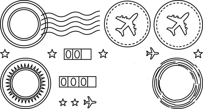 Passport stamp line icon set with airplane travel postmark blank retro mail seal and vintage visa elements