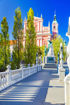 Preseren square, bridges and Franciscan church in Ljubljana, capital of Slovenia.