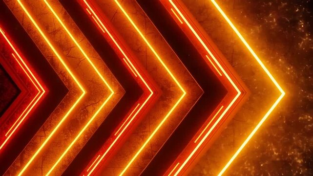 Abstract orange neon chevron arrows moving on dark grunge background with glowing lines