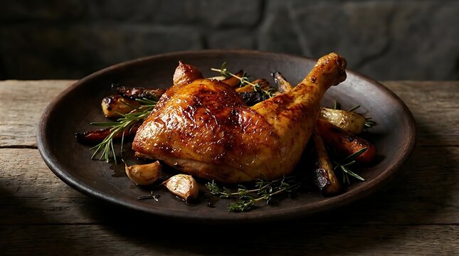 Delicious roasted chicken leg with fresh herbs and garlic on a black plate on a dark wooden table. quarter roast chicken