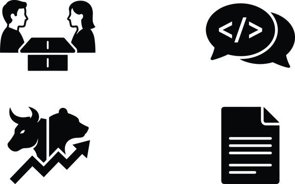Business and stock market vector icon set with office meeting table code brackets speech bubble bull bear graph and contract document