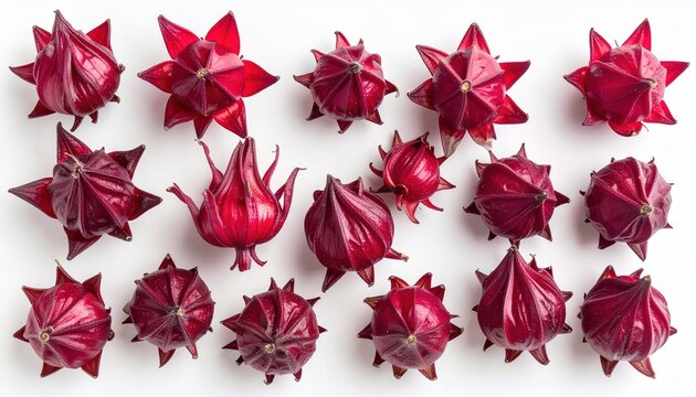 Fresh Jamaican sorrel calyces arranged on white background