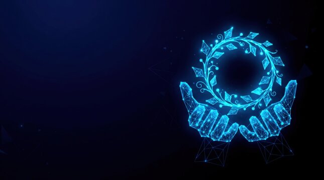 Futuristic glowing blue wireframe hands holding a digital plexus hologram laurel wreath, representing innovation and cyber technology on dark gradient background