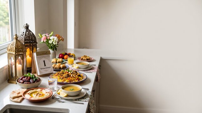 Ramadan Feast On Kitchen Counter - Generous Ramadan Iftar Feast Spread with Delicious Dishes on Counter