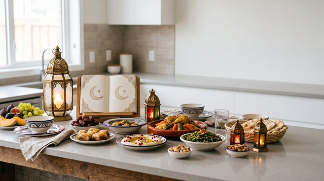Ramadan Feast On Kitchen Counter - Generous Ramadan Iftar Feast Spread with Delicious Dishes on Counter