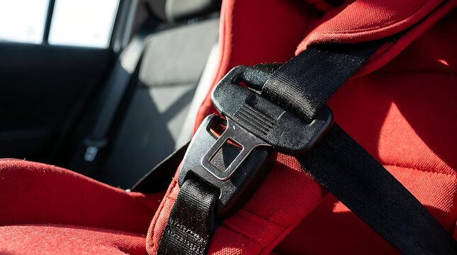 Close-up of a fastened child car seat buckle and black harness
