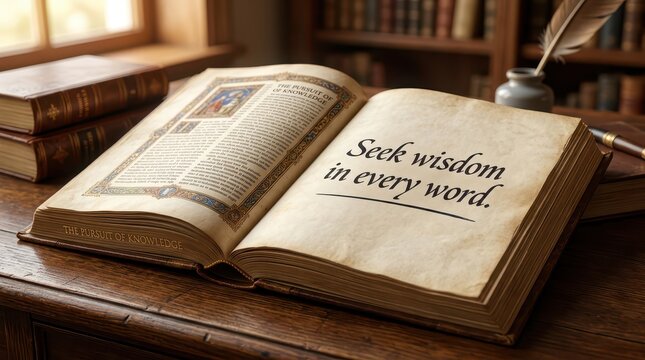 Open antique book with wisdom quote on aged pages, in a library setting with bookshelves