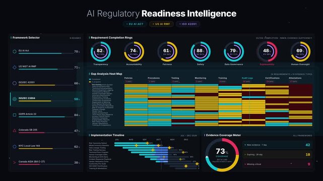 Explore the AI Regulatory Readiness Dashboard showcasing requirements, evidence, gaps, and implementation status with animated visuals and modern design elements in 4K resolution.