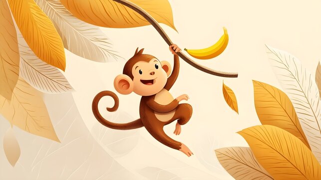 Cartoon monkey swinging from a branch reaching for a banana