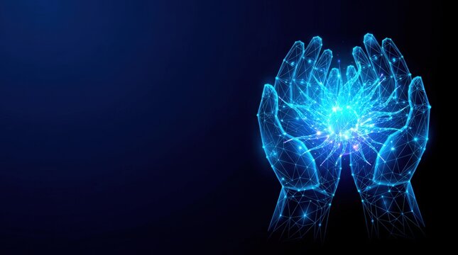 Futuristic glowing blue wireframe hands in digital plexus hologram style, representing artificial intelligence and advanced cyber technology on dark gradient background