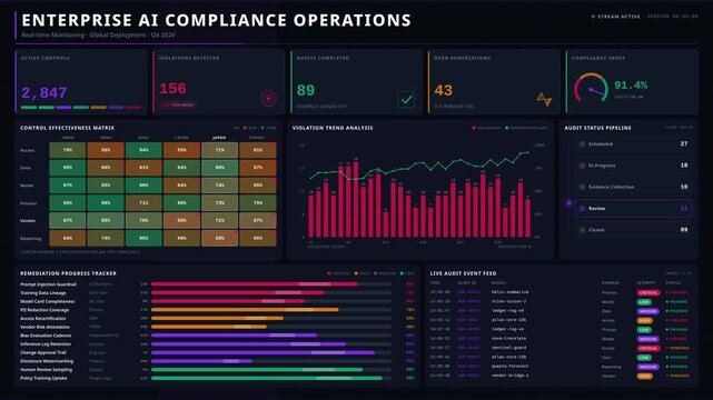 Explore the Enterprise AI Compliance Dashboard showcasing controls, violations, audits, and remediation progress with a sleek dark mode design and vibrant accent colors.