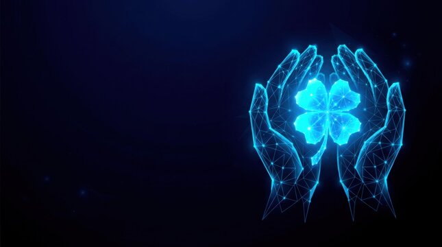 Futuristic glowing blue wireframe hands holding a digital cloud plexus hologram style, representing advanced cyber technology and innovation on a dark gradient background