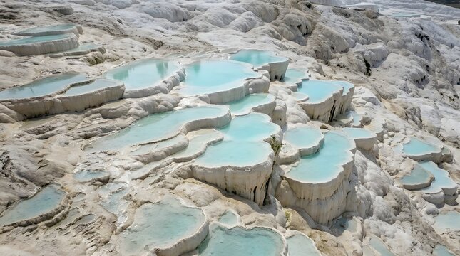 Mammoth hot springs terraces with vibrant turquoise and beige mineral deposits