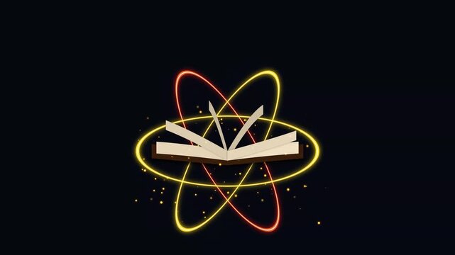 Animated book with glowing atomic orbits stock footage
