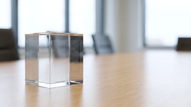 Clear glass cube with engraved geometric grid pattern standing on a wooden conference table