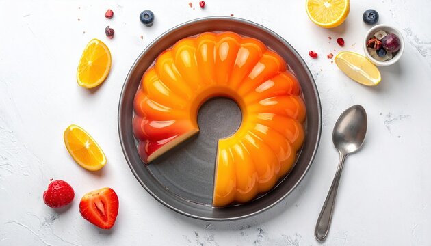 Bright gelatin pudding mold photographed from top view on white
