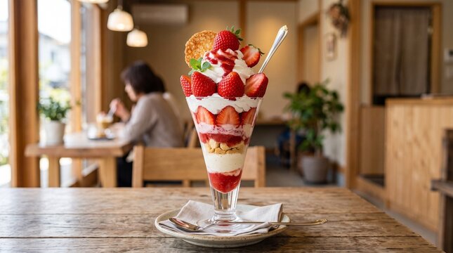Japanese strawberry parfait with fresh strawberries and cream