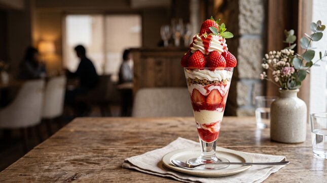 Japanese strawberry parfait with fresh strawberries and cream
